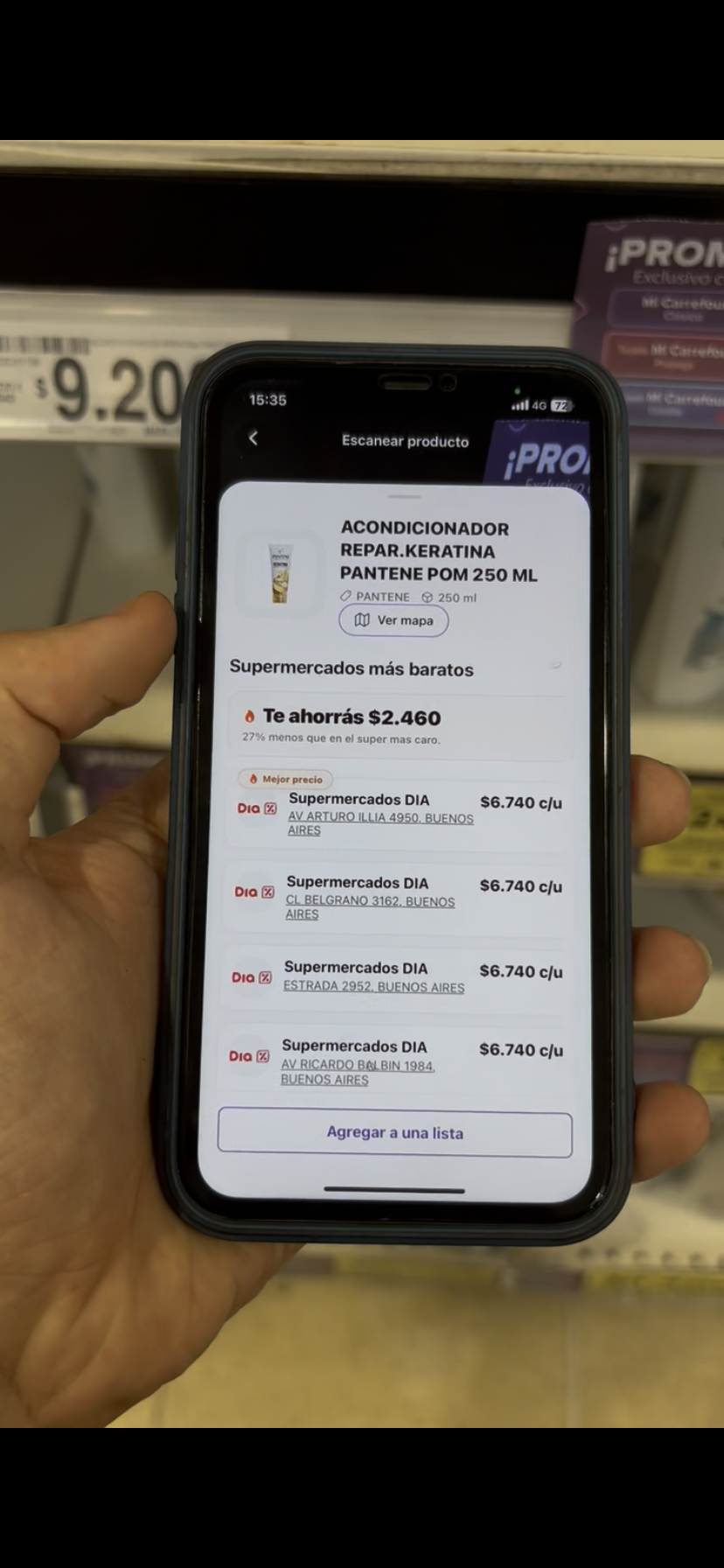 Escáner de precios DPA mostrando un acondicionador más barato en Día